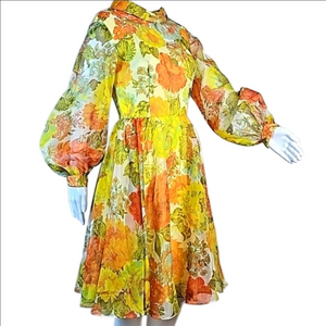 Vintage 60s Sylvia Ann Yellow Orange Green Floral Long Sleeve Fit & Flare Dress